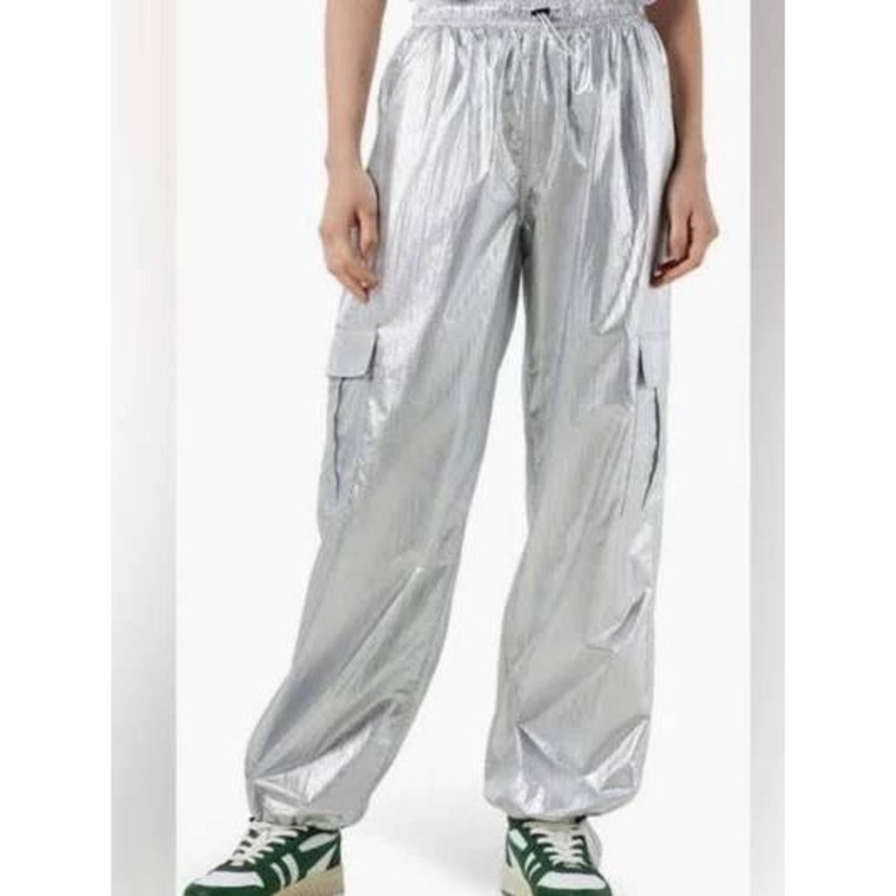 Noisy May Women Silver Metallic Cargo Pants High‎ Waist Jogger Streetwear Size S